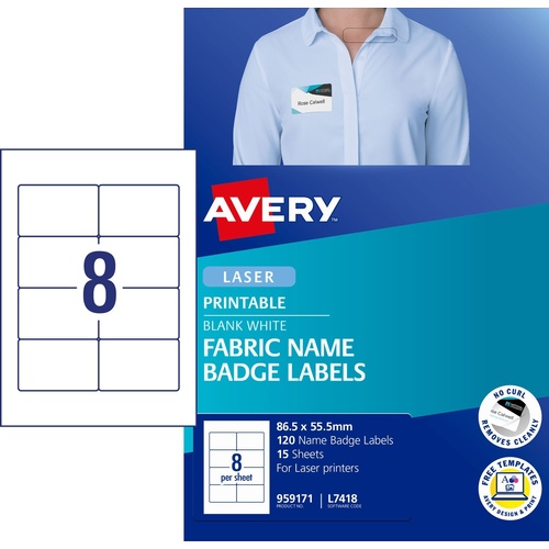 Name Badge Fabric Labels  8 Per Sheet Avery 959171 Pack 15 sheets (120) Laser Labels Badges 55.5x86.5mm L7418