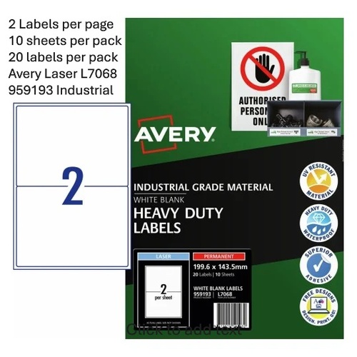Labels  2up Laser L7068 White Heavy Duty 959193 10 sheets, 20 labels 199.6x143.5mm Extra Strong Permanent