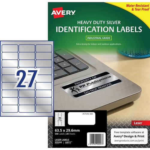 Labels 27up Laser L6011 Heavy Duty Silver 959202 Avery box 20 sheets