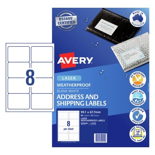 Labels  8up Laser L7070 WeatherProof WHITE 959409 Avery Permanent 99.1x67.7mm 10 sheets, 80 labels