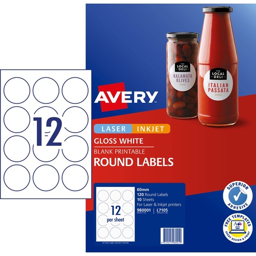Labels Round 60mm White Avery 980001 L7105 10 Sheets Laser Inkjet Glossy 12 Per Sheet  pack 10 120 labels