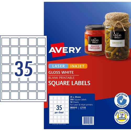 Avery 980015 Laser Labels Square White Gloss L7119  35x35mm, 35up, 10 sheets, pack 350 A4 1035350