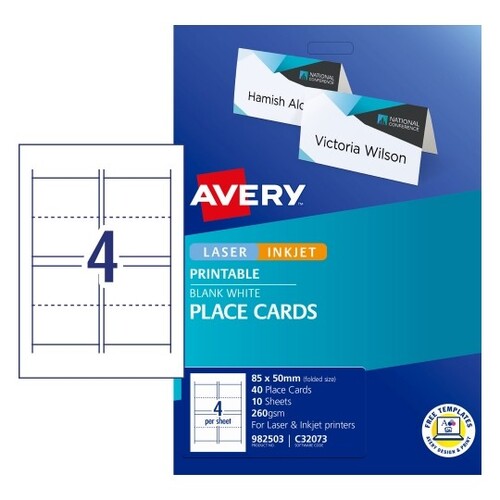 Folded Placecards Laser inkjet 85x50mm folded size Matte White Avery 982503 40 Cards on 10 Sheets C32073 