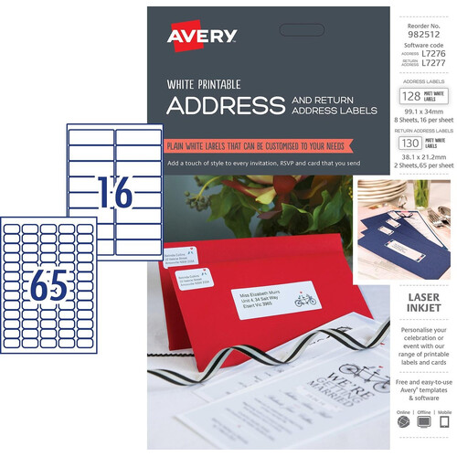 Avery 982512 White Address Labels Kit Laser Inkjet permanent 128 labels size 99.1 x 34mm and 130 labels size 38.1 x 21.2mm