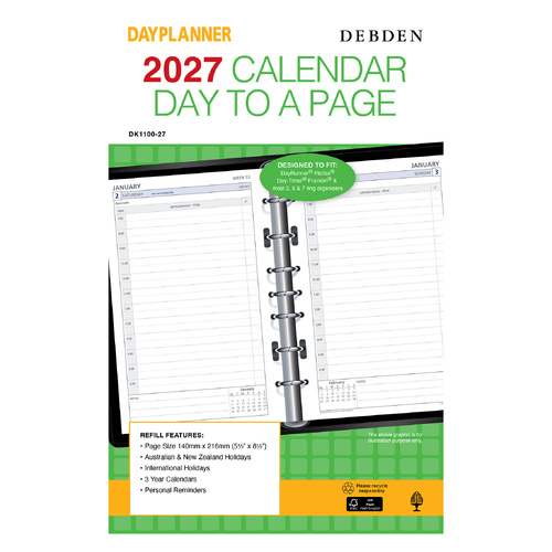 DayPlanner  DK1100 2027 DAILY DATED Refill Desk Edition Organiser 216x140mm page size #DK1100-27