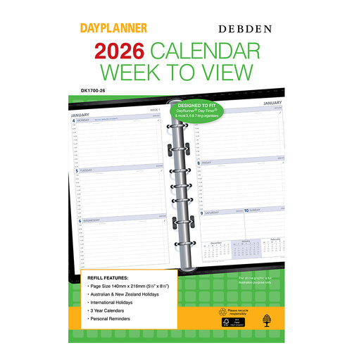 DayPlanner  DK1700 2026 WEEKLY DATED ONE YEAR Organiser Refill 7 rings pages size 216x140mm Desk Edition DK1700-26