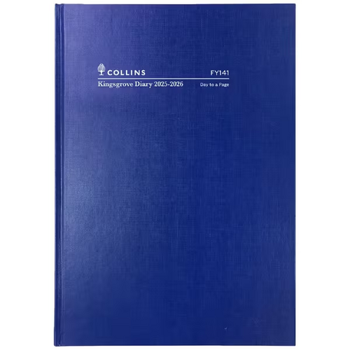 Diary 25/26 Kingsgrove A4 1 Day to a Page FINANCIAL YEAR FY141.P59-2526 BLUE 8am - 6pm 1/2 hourly 2025 2026
